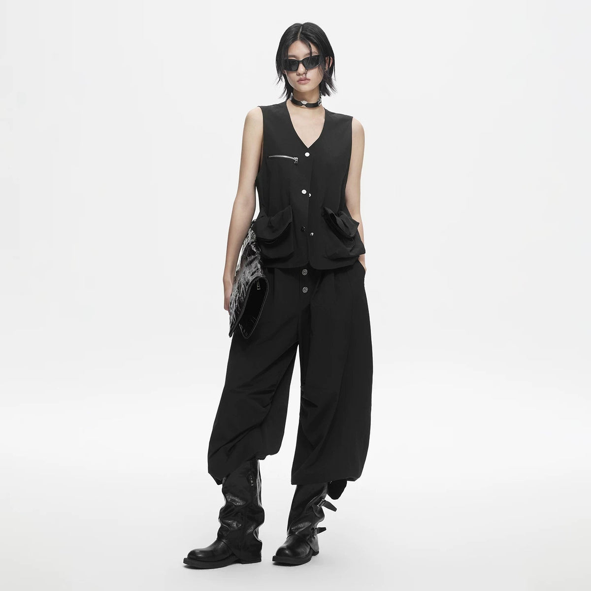 Lapargay black high-waisted casual pants button-front wide-leg pleated slimming trousers L78202605V - Lapargay