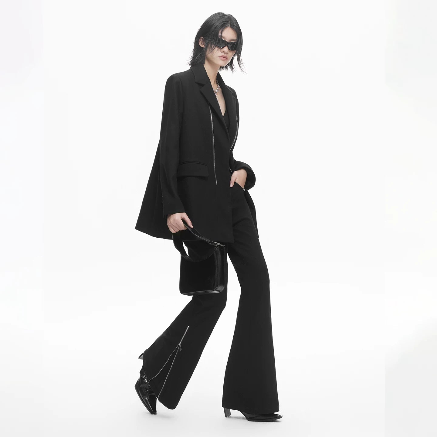 Lapargay Black Slim Flared Pants, Side Zipper, High-waist Leg-lengthening Style L78102625V - Lapargay
