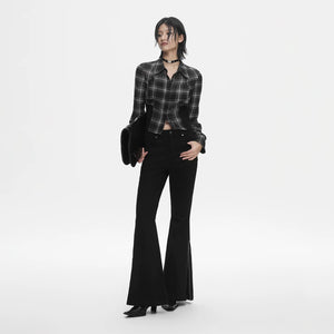 Lapargay Black Slim Flared Pants, Side Zipper, High-waist Leg-lengthening Style L78102625V - Lapargay