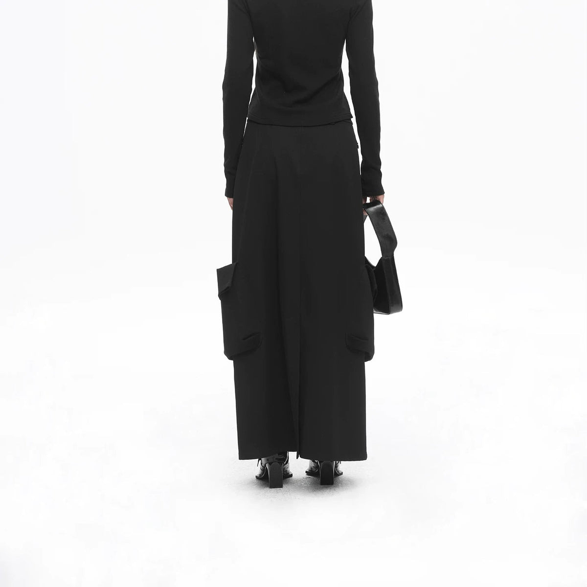Lapargay black techwear long skirt, pleated wide hem, double large utility pockets on sides L78109111V - Lapargay