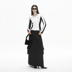 Lapargay black techwear long skirt, pleated wide hem, double large utility pockets on sides L78109111V - Lapargay