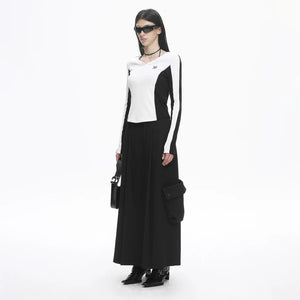 Lapargay black techwear long skirt, pleated wide hem, double large utility pockets on sides L78109111V - Lapargay