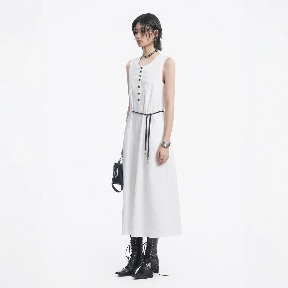 Lapargay Breathable Crinkled Dress Contrast Color Tie Waist Flowing Long Skirt L78209003C - Lapargay