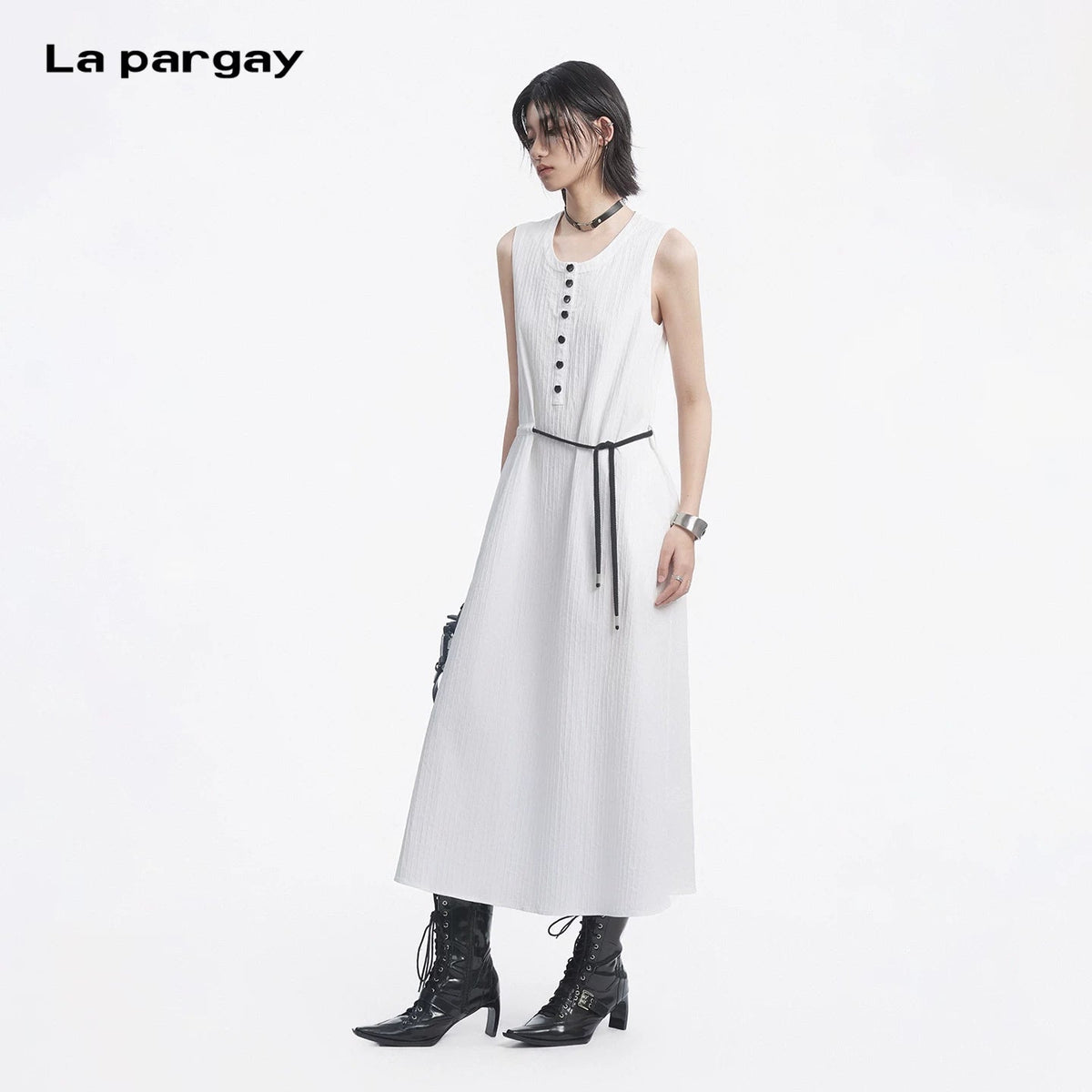 Lapargay Breathable Crinkled Dress Contrast Color Tie Waist Flowing Long Skirt L78209003C - Lapargay