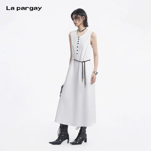 Lapargay Breathable Crinkled Dress Contrast Color Tie Waist Flowing Long Skirt L78209003C - Lapargay