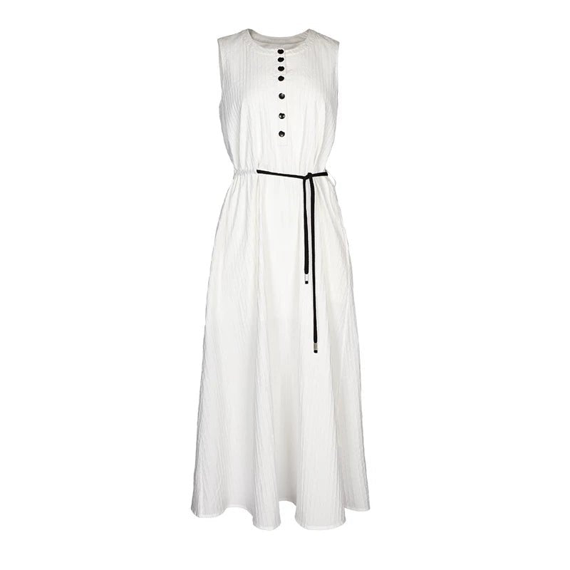 Lapargay Breathable Crinkled Dress Contrast Color Tie Waist Flowing Long Skirt L78209003C - Lapargay
