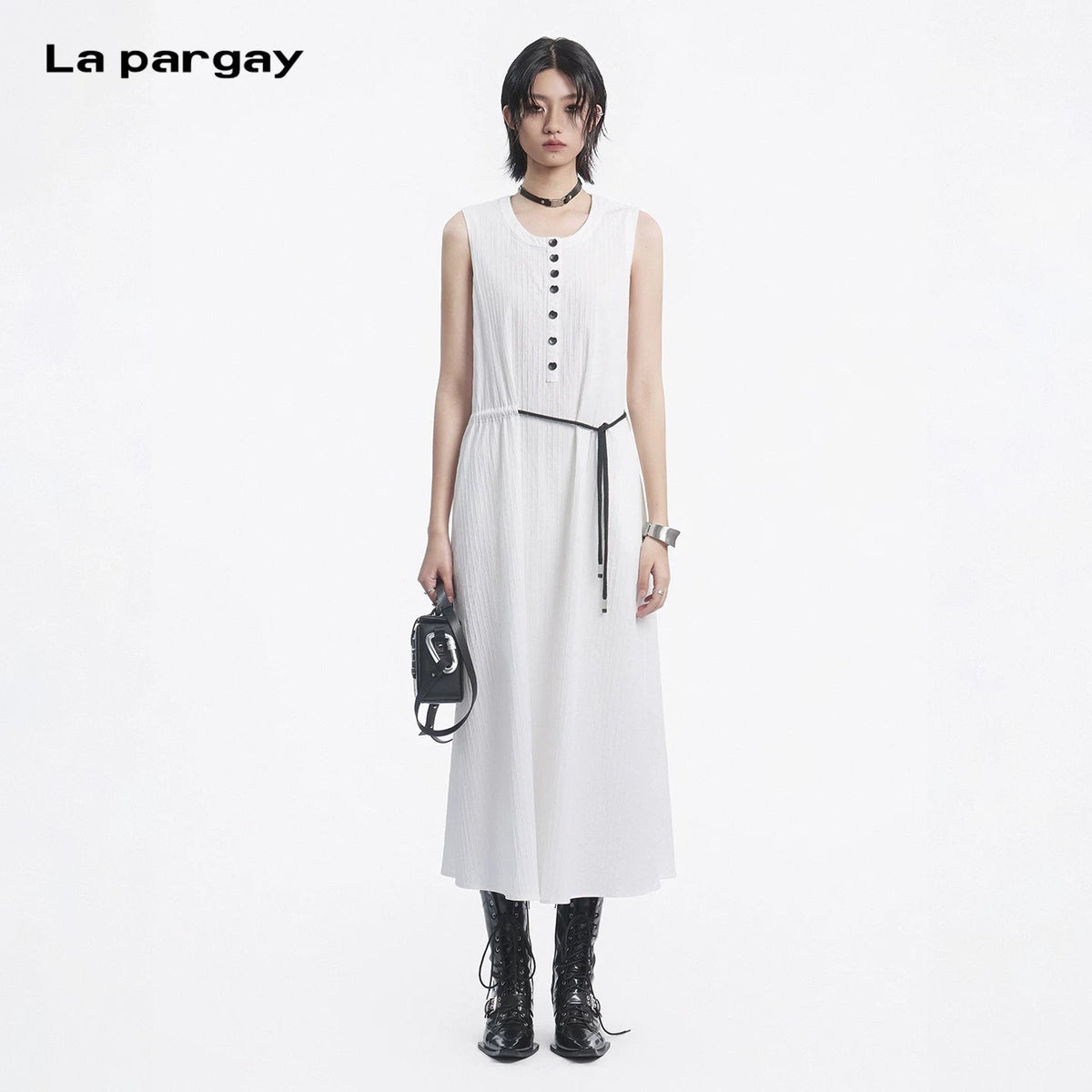 Lapargay Breathable Crinkled Dress Contrast Color Tie Waist Flowing Long Skirt L78209003C - Lapargay
