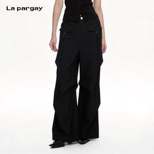 Lapargay Cargo Casual Wide Leg Pants Double Side Ribbon Pockets Pleated Leg Shaping L78202610V - Lapargay
