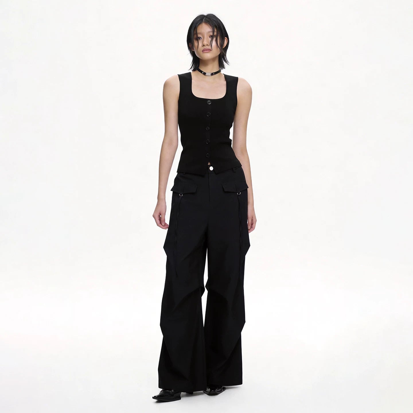 Lapargay Cargo Casual Wide Leg Pants Double Side Ribbon Pockets Pleated Leg Shaping L78202610V - Lapargay