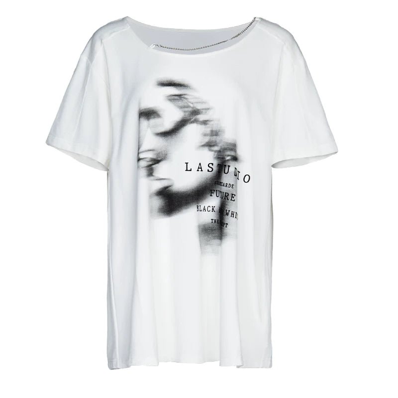 Lapargay Casual and Relaxed Top, Off-Shoulder Chain Detail, Distressed Portrait Print L78200212V - Lapargay
