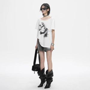 Lapargay Casual and Relaxed Top, Off-Shoulder Chain Detail, Distressed Portrait Print L78200212V - Lapargay