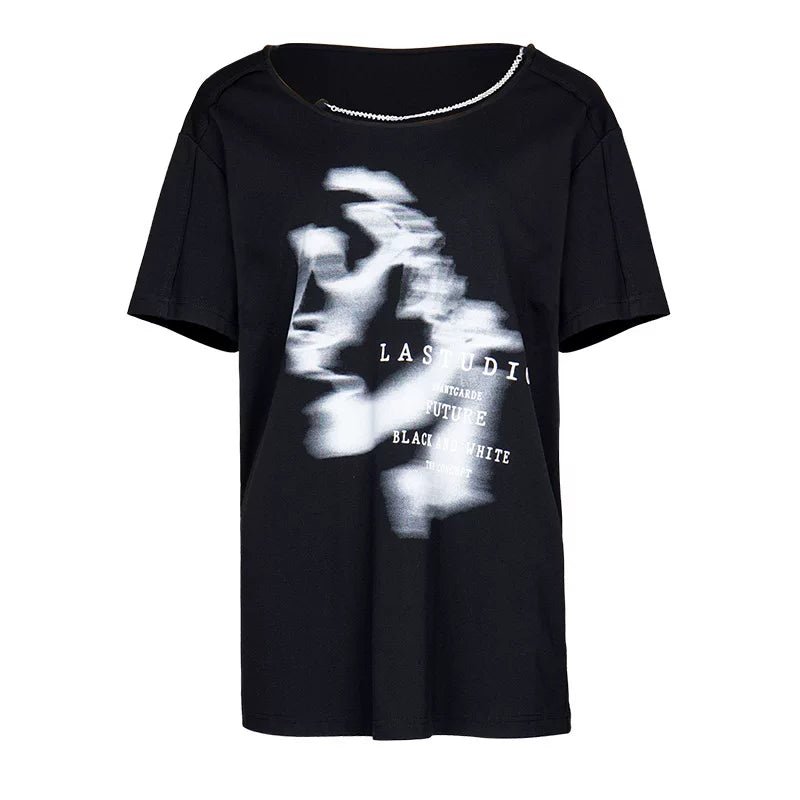 Lapargay Casual and Relaxed Top, Off-Shoulder Chain Detail, Distressed Portrait Print L78200212V - Lapargay