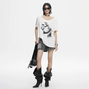 Lapargay Casual and Relaxed Top, Off-Shoulder Chain Detail, Distressed Portrait Print L78200212V - Lapargay