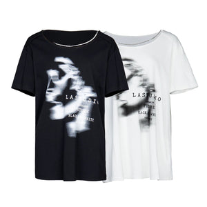 Lapargay Casual and Relaxed Top, Off-Shoulder Chain Detail, Distressed Portrait Print L78200212V - Lapargay