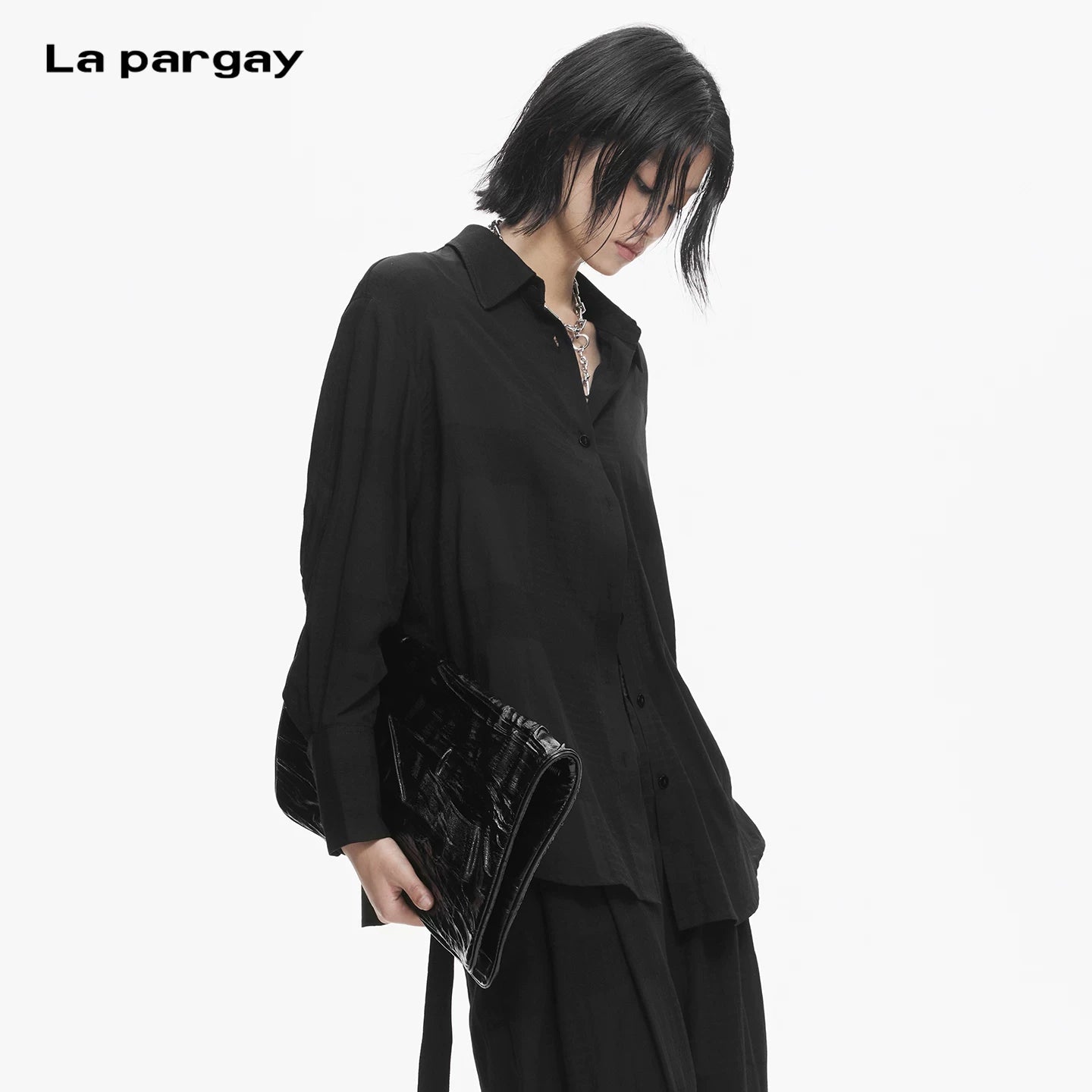 Lapargay Classic Turn-down Collar Drop-shoulder Shirt, Textured Fabric, Single Button Design L78101008V - Lapargay