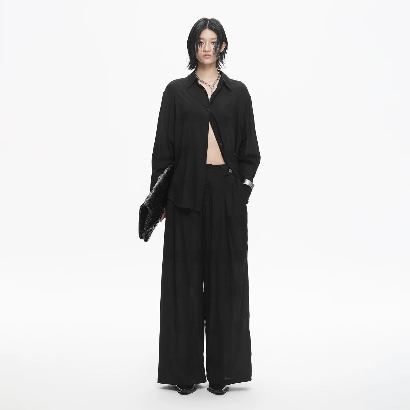 Lapargay Classic Turn-down Collar Drop-shoulder Shirt, Textured Fabric, Single Button Design L78101008V - Lapargay