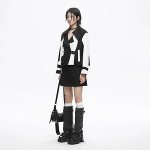 Lapargay Color-Block Short Jacket with Wide Notched Collar, Niche Deconstructivist Style Top L78101225C - Lapargay