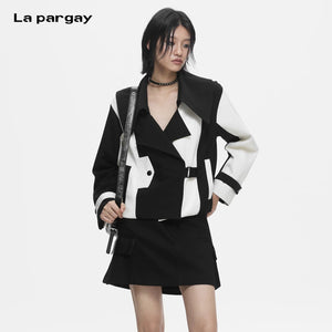 Lapargay Color-Block Short Jacket with Wide Notched Collar, Niche Deconstructivist Style Top L78101225C - Lapargay