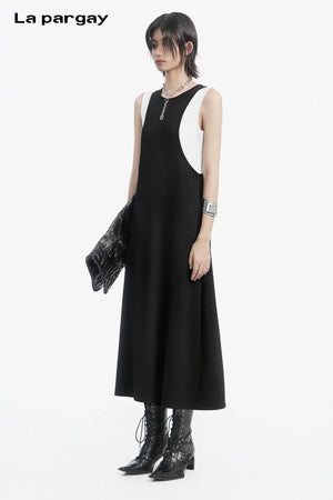 Lapargay color-block sleeveless dress faux two-piece spliced design suspender-style little black dress L78209012C - Lapargay