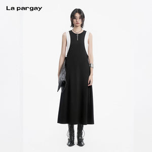 Lapargay color-block sleeveless dress faux two-piece spliced design suspender-style little black dress L78209012C - Lapargay
