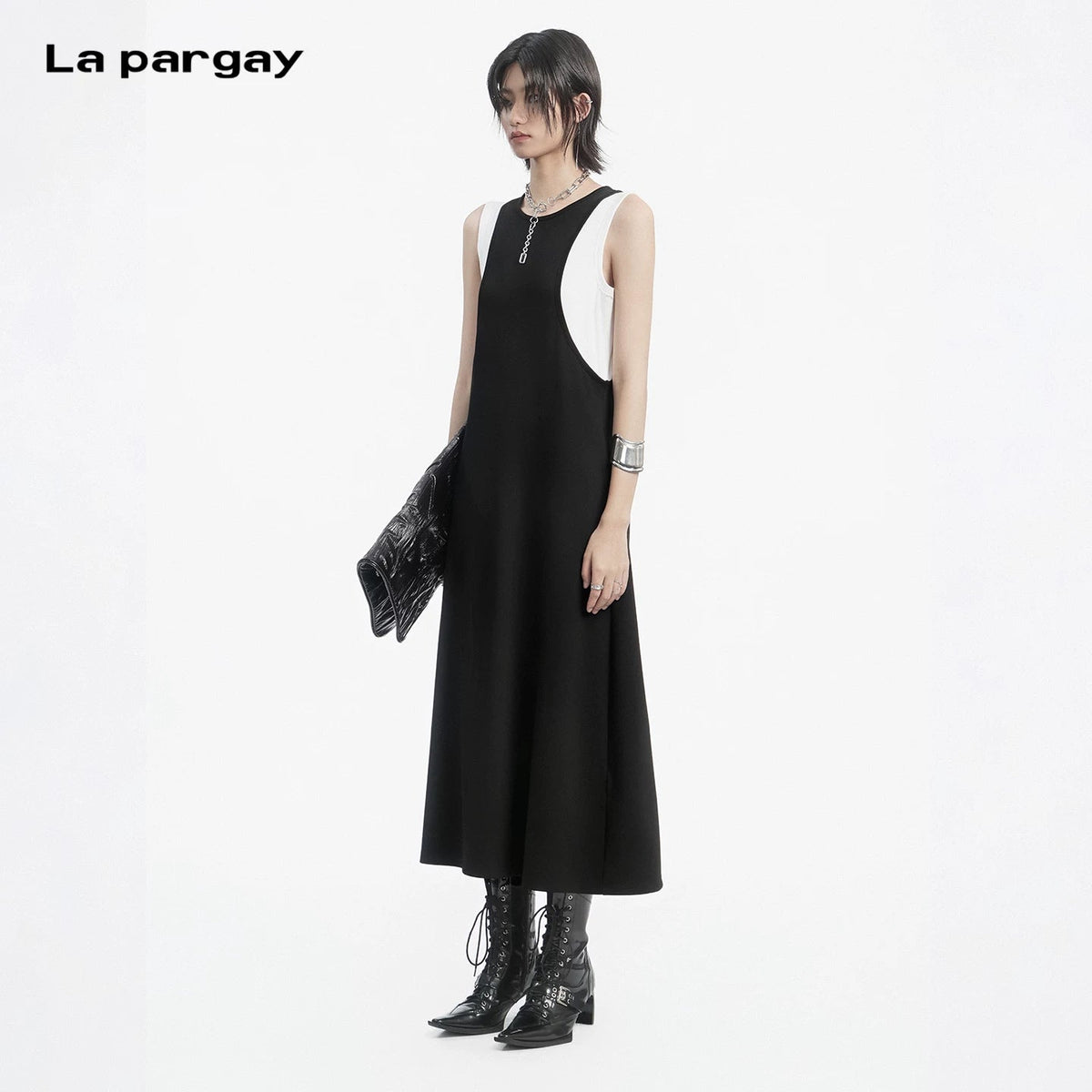 Lapargay color-block sleeveless dress faux two-piece spliced design suspender-style little black dress L78209012C - Lapargay