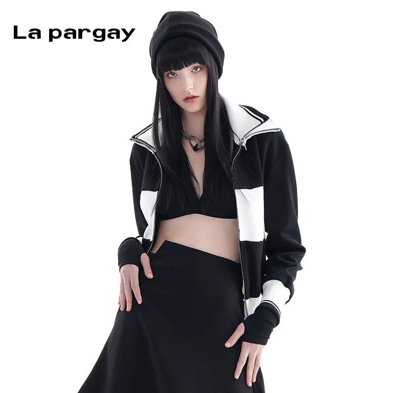 Lapargay Colorblock Stand Collar Short Jacket 2026 New Women Personality Fashion Simple Design Top - Lapargay