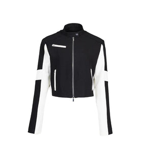 Lapargay contrast color motorcycle short jacket, stand collar double zipper, high-waisted crop top for spicy girl L78101234V - Lapargay