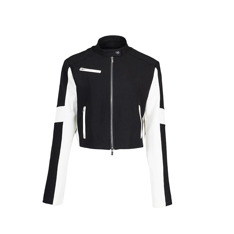Lapargay contrast color motorcycle short jacket, stand collar double zipper, high-waisted crop top for spicy girl L78101234V - Lapargay