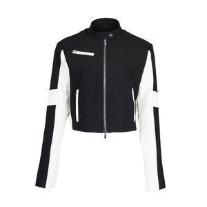 Lapargay contrast color motorcycle short jacket, stand collar double zipper, high-waisted crop top for spicy girl L78101234V - Lapargay