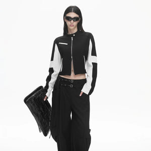 Lapargay contrast color motorcycle short jacket, stand collar double zipper, high-waisted crop top for spicy girl L78101234V - Lapargay