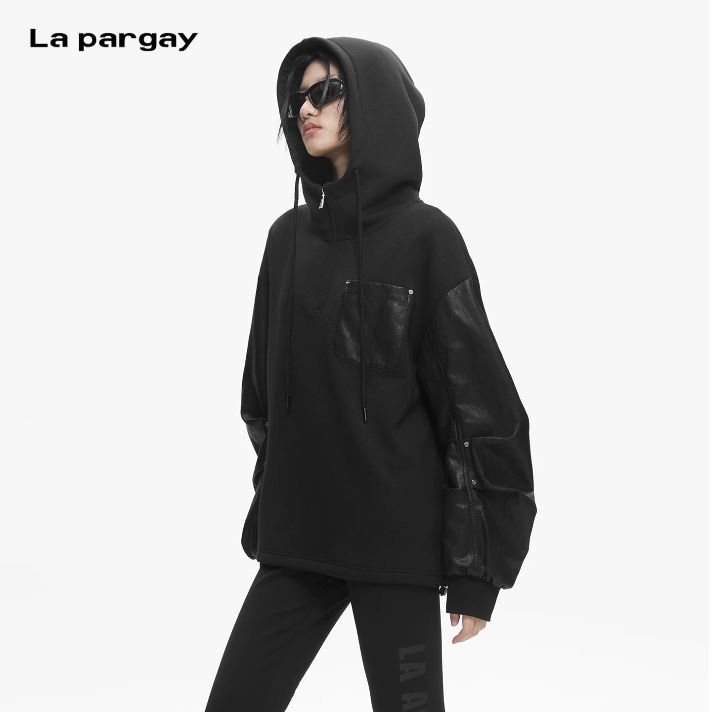 Lapargay contrast leather pocket hoodie, half-zip stand collar, relaxed drop-shoulder sweatshirt L78101981V - Lapargay