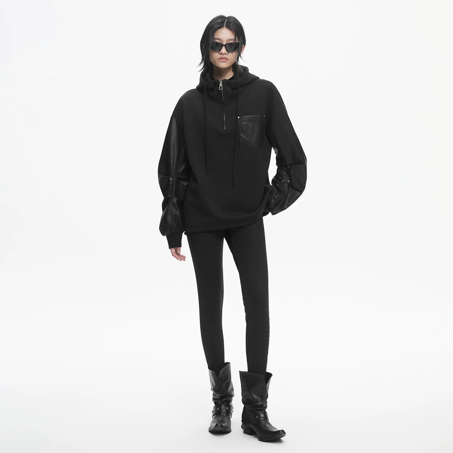 Lapargay contrast leather pocket hoodie, half-zip stand collar, relaxed drop-shoulder sweatshirt L78101981V - Lapargay