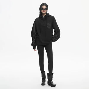 Lapargay contrast leather pocket hoodie, half-zip stand collar, relaxed drop-shoulder sweatshirt L78101981V - Lapargay