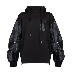 Lapargay contrast leather pocket hoodie, half-zip stand collar, relaxed drop-shoulder sweatshirt L78101981V - Lapargay