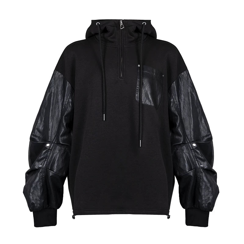 Lapargay contrast leather pocket hoodie, half-zip stand collar, relaxed drop-shoulder sweatshirt L78101981V - Lapargay