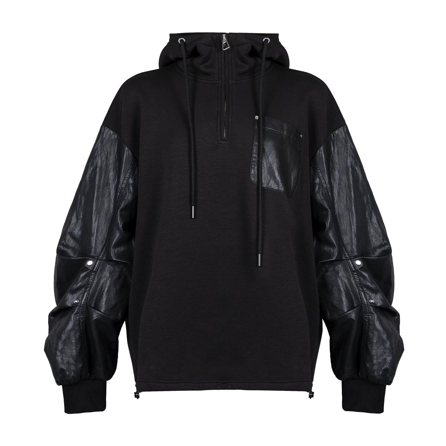 Lapargay contrast leather pocket hoodie, half-zip stand collar, relaxed drop-shoulder sweatshirt L78101981V - Lapargay