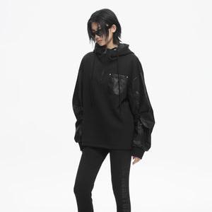 Lapargay contrast leather pocket hoodie, half-zip stand collar, relaxed drop-shoulder sweatshirt L78101981V - Lapargay