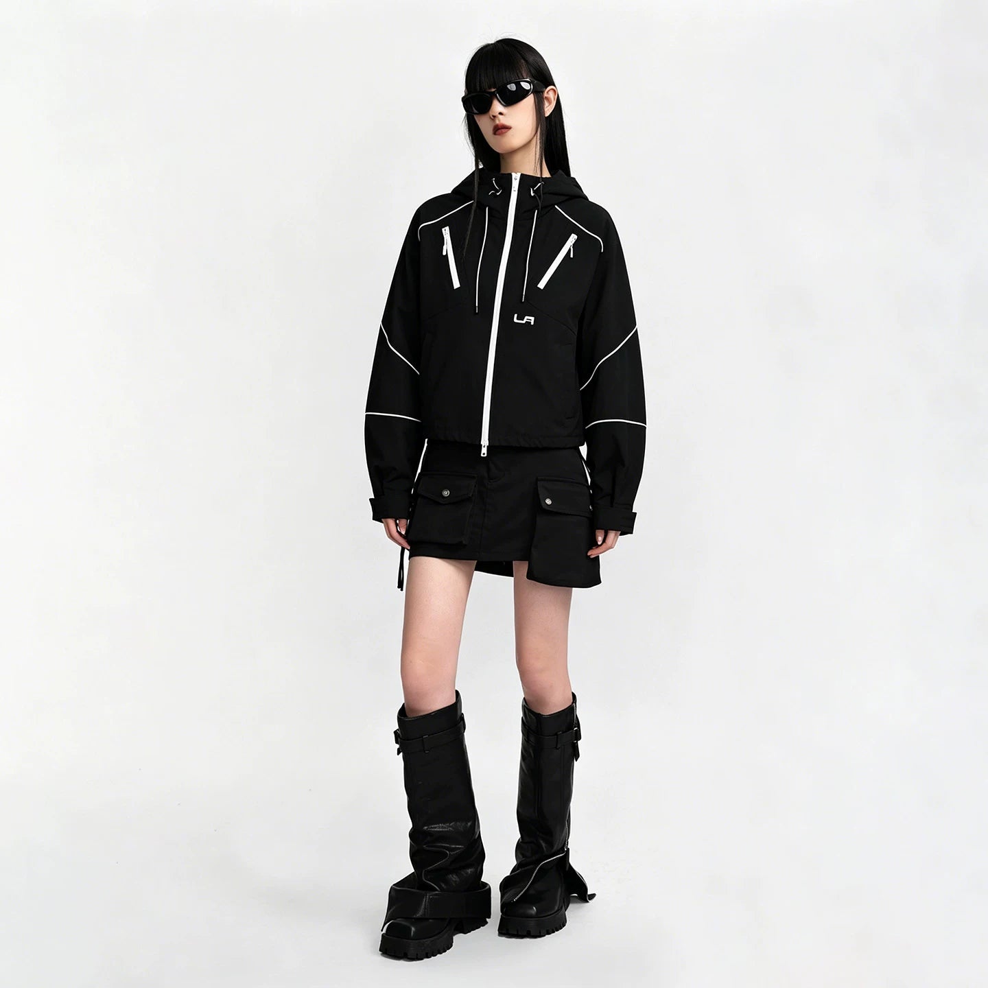 Lapargay Contrast Loose Short Casual Jacket with Zipper Trim Detail, Hooded Top L78101228S - Lapargay