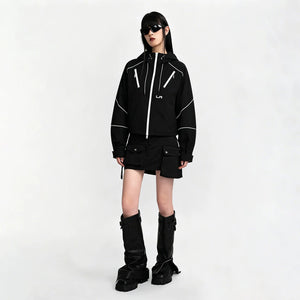 Lapargay Contrast Loose Short Casual Jacket with Zipper Trim Detail, Hooded Top L78101228S - Lapargay