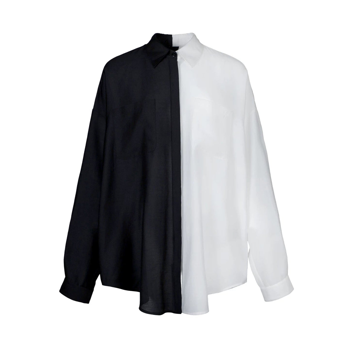 Lapargay contrast spliced shirt with asymmetrical cut and back button design L78201006C - Lapargay