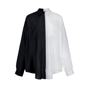 Lapargay contrast spliced shirt with asymmetrical cut and back button design L78201006C - Lapargay