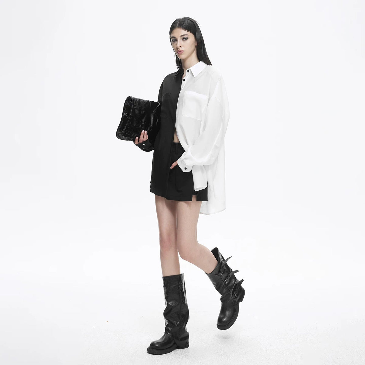 Lapargay contrast spliced shirt with asymmetrical cut and back button design L78201006C - Lapargay