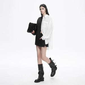 Lapargay contrast spliced shirt with asymmetrical cut and back button design L78201006C - Lapargay