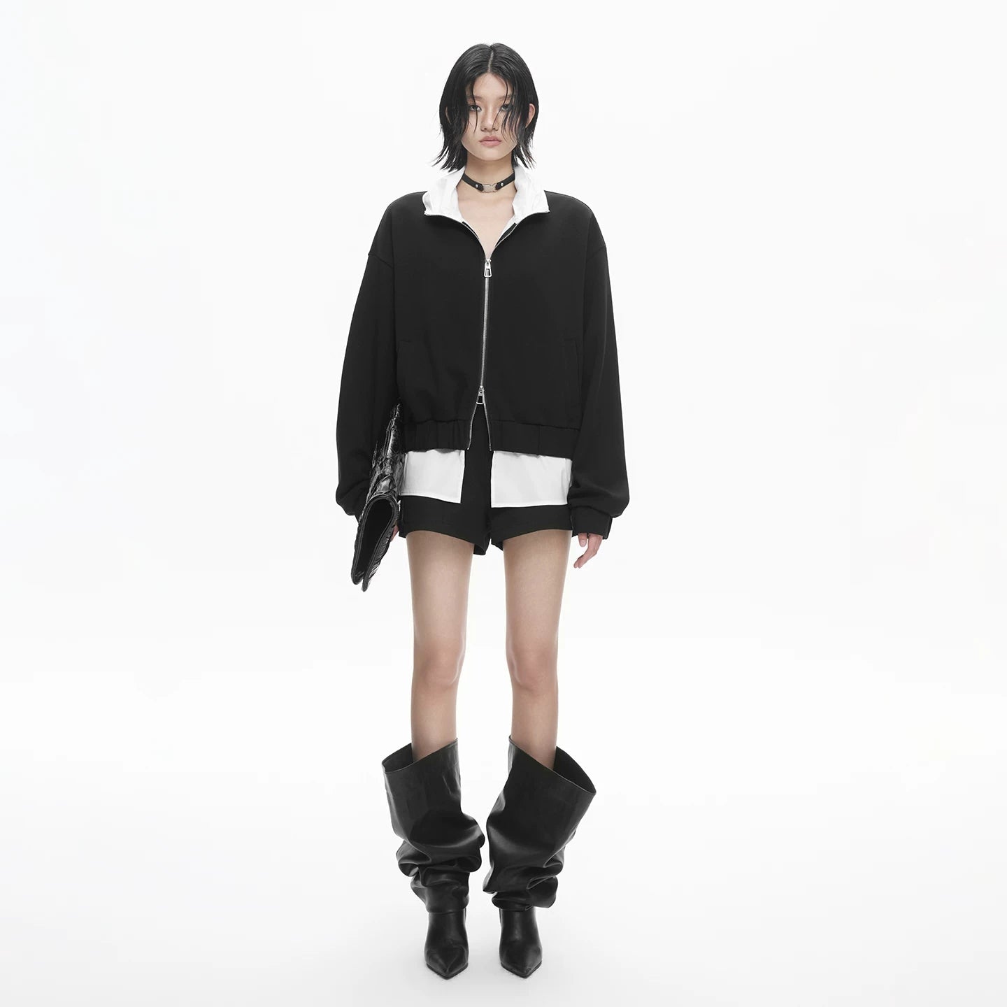 Lapargay Contrast Stand Collar Short Jacket with Double Zipper, Loose Casual Street Style L78101218V - Lapargay
