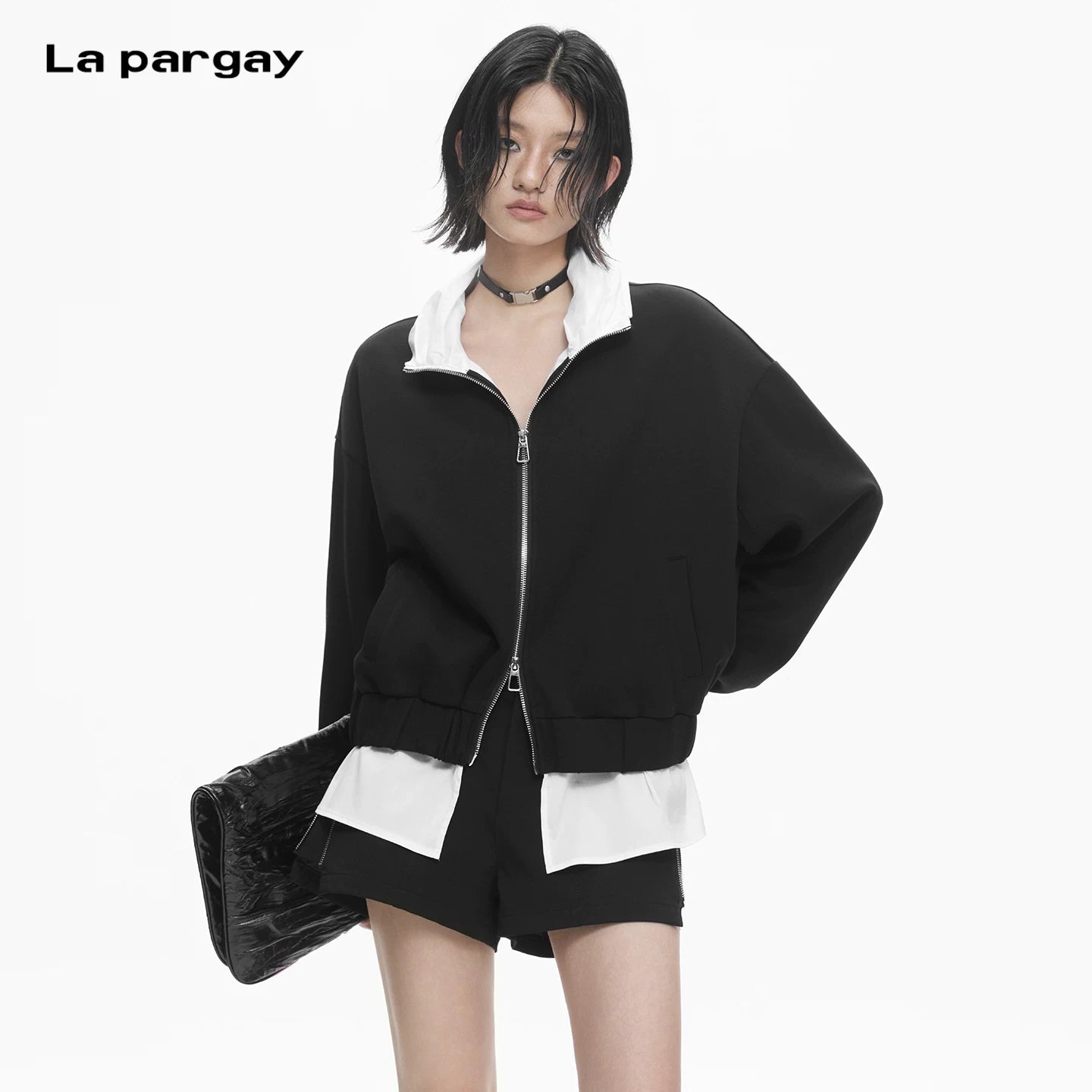 Lapargay Contrast Stand Collar Short Jacket with Double Zipper, Loose Casual Street Style L78101218V - Lapargay