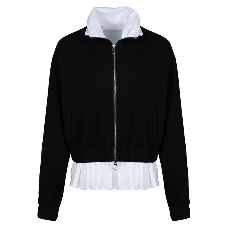 Lapargay Contrast Stand Collar Short Jacket with Double Zipper, Loose Casual Street Style L78101218V - Lapargay