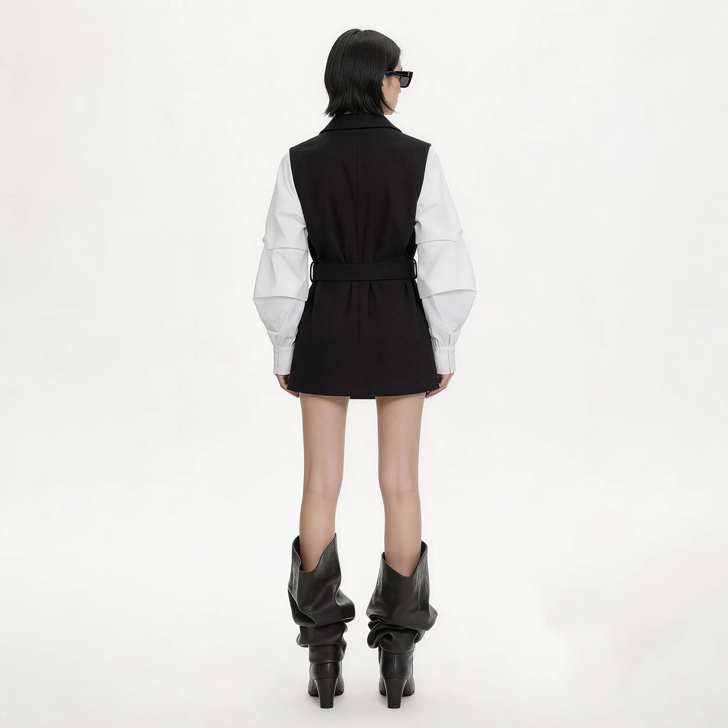 Lapargay Contrast Stitching Shirt-Style Blazer Waist-Cinching Belt Commuting Style Top L63301222B - Lapargay