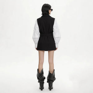 Lapargay Contrast Stitching Shirt-Style Blazer Waist-Cinching Belt Commuting Style Top L63301222B - Lapargay