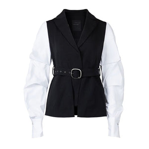 Lapargay Contrast Stitching Shirt-Style Blazer Waist-Cinching Belt Commuting Style Top L63301222B - Lapargay