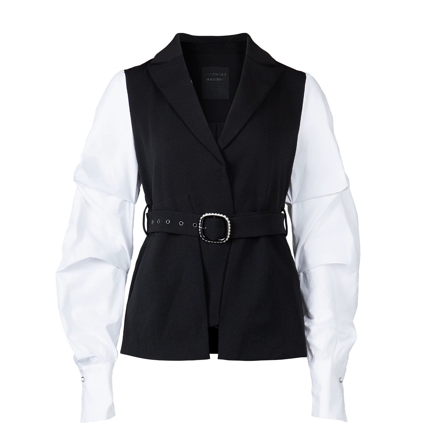 Lapargay Contrast Stitching Shirt-Style Blazer Waist-Cinching Belt Commuting Style Top L63301222B - Lapargay